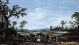 Bandieten vallen een karavaan reizigers aan Bandieten vallen een karavaan reizigers aan