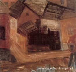 Huizen met een man die steen draagt Huizen met een man die steen draagt