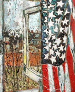 Vanuit het raam van het koetshuis, bedekt met een 45-sterrenvlag Vanuit het raam van het koetshuis, bedekt met een 45-sterrenvlag