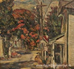 Stadsscène met bushalte Stadsscène met bushalte