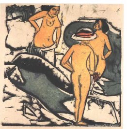 Badende vrouwen tussen witte rotsen Badende vrouwen tussen witte rotsen