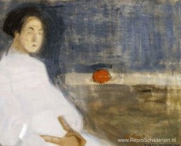 Zittende vrouw in witte jurk Zittende vrouw in witte jurk