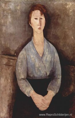 Zittende vrouw, gekleed in blauwe blouse Zittende vrouw, gekleed in blauwe blouse