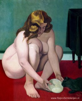 Gehurkte vrouw die melk aanbiedt aan een kat Gehurkte vrouw die melk aanbiedt aan een kat