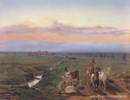 Avondlandschap met kudde geiten Avondlandschap met kudde geiten