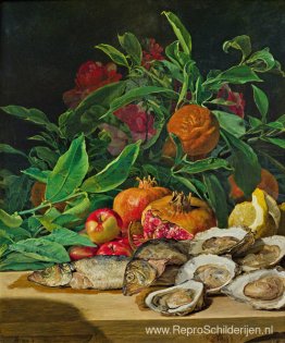 Stilleven met struisvogels, vis en exotisch fruit Stilleven met struisvogels, vis en exotisch fruit