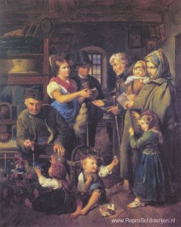 Een reizende bedelaarsfamilie wordt op kerstavond beloond door a Een reizende bedelaarsfamilie wordt op kerstavond beloond door a