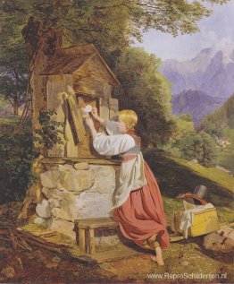 Meisje versiert de Maagd Maria met een roos Meisje versiert de Maagd Maria met een roos