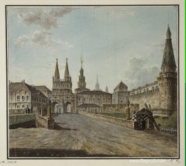 Uitzicht op Voskresenskiye (opstanding) en Nikolskiye-poorten Uitzicht op Voskresenskiye (opstanding) en Nikolskiye-poorten