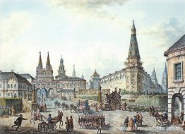 Uitzicht op Voskresenskiye (opstanding) en Nikolskiye-poorten Uitzicht op Voskresenskiye (opstanding) en Nikolskiye-poorten