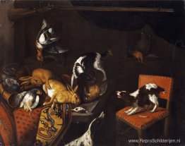 Stilleven met dode hazen en vogels, fauteuil, honden, jachtgewee Stilleven met dode hazen en vogels, fauteuil, honden, jachtgewee