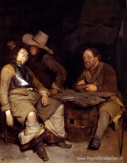 Het interieur van een wachtkamer met een soldaat die rook in het Het interieur van een wachtkamer met een soldaat die rook in het