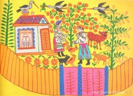 Peetvader brengt een kalf naar meter Peetvader brengt een kalf naar meter