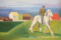 Ruiter in IJslands dorp Ruiter in IJslands dorp