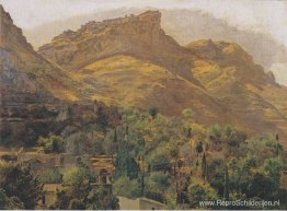 Kijk naar het bergstadje Mola in Taormina Kijk naar het bergstadje Mola in Taormina