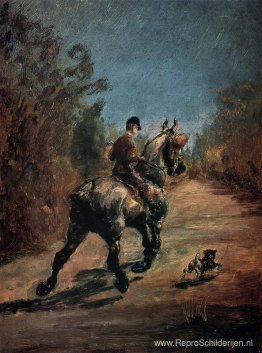 Paard en ruiter met een kleine hond Paard en ruiter met een kleine hond