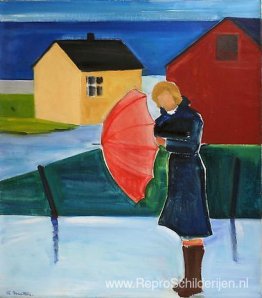 Vrouw in Reykjavik met paraplu Vrouw in Reykjavik met paraplu