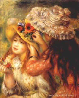 Meisjes zetten bloemen op hun hoeden Meisjes zetten bloemen op hun hoeden