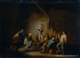 Dansend paar en vrolijk gezelschap in een interieur Dansend paar en vrolijk gezelschap in een interieur