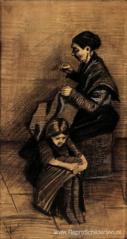 Vrouw aan het naaien, met een meisje Vrouw aan het naaien, met een meisje