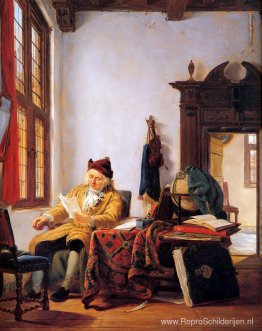 Koopman aan een tafel bij het raam Koopman aan een tafel bij het raam