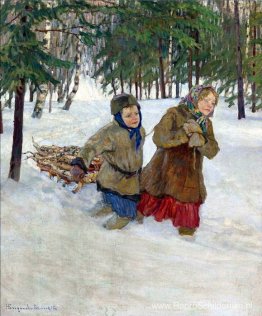 Kinderen die het hout dragen in de sneeuw, winter Kinderen die het hout dragen in de sneeuw, winter