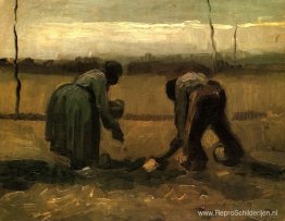Boer en boerin planten aardappelen Boer en boerin planten aardappelen