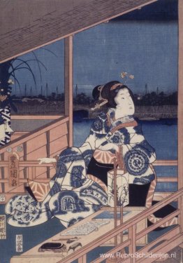 Maanlichtaanzicht van Tsukuda met dame op een balkon Maanlichtaanzicht van Tsukuda met dame op een balkon