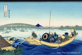 Zonsondergang over de Ryogoku-brug vanaf de oever van de Sumida- Zonsondergang over de Ryogoku-brug vanaf de oever van de Sumida-