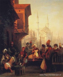 Koffiehuis bij de Ortaköy-moskee in Constantinopel Koffiehuis bij de Ortaköy-moskee in Constantinopel