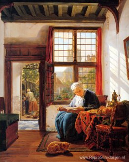 Oude vrouw lezen bij raam Oude vrouw lezen bij raam