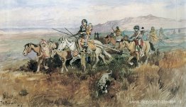 Indiase vrouw verhuist met Travois naar kamp Indiase vrouw verhuist met Travois naar kamp