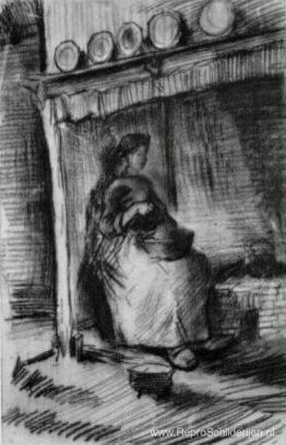 Interieur met boerenvrouw zittend bij de open haard Interieur met boerenvrouw zittend bij de open haard