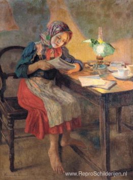 Lezen bij de lamp (schoolmeisje) Lezen bij de lamp (schoolmeisje)