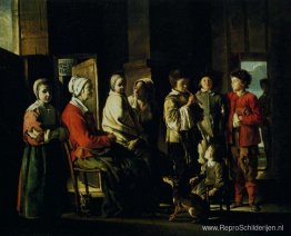 Landelijk interieur met de jonge speler van flageolet Landelijk interieur met de jonge speler van flageolet