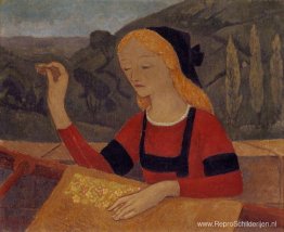 Borduurster in een landschap van Chateauneuf Borduurster in een landschap van Chateauneuf