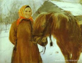 In een dorp. Boerin met paard In een dorp. Boerin met paard