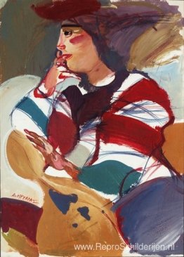 Theaterfiguur op een gele bank Theaterfiguur op een gele bank