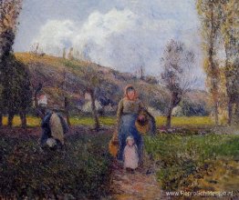 Boerin en kind oogsten de velden, Pontoise Boerin en kind oogsten de velden, Pontoise