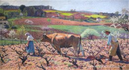Arbeiders bereiden de wijnstokken voor in Quercy Arbeiders bereiden de wijnstokken voor in Quercy