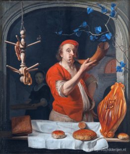 Een bakker die op zijn hoorn blaast Een bakker die op zijn hoorn blaast