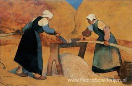 Bretonse vrouwen die vlas zwingelen: Arbeid Bretonse vrouwen die vlas zwingelen: Arbeid