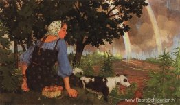 Het meisje met de paddenstoel onder de regenboog Het meisje met de paddenstoel onder de regenboog