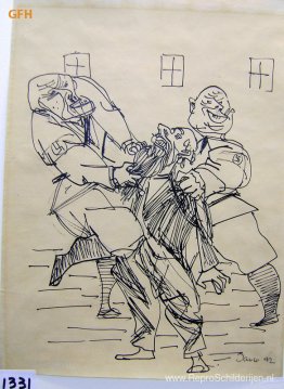 Twee nazi-soldaten mishandelen een Jood en trekken zijn baard ui Twee nazi-soldaten mishandelen een Jood en trekken zijn baard ui