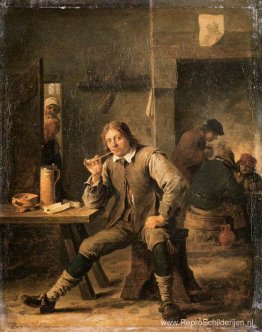 Een roker leunend op een tafel Een roker leunend op een tafel