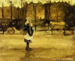 Een meisje op straat, twee coaches op de achtergrond Een meisje op straat, twee coaches op de achtergrond