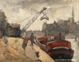 Laden met een kraanschip op de Seine Laden met een kraanschip op de Seine