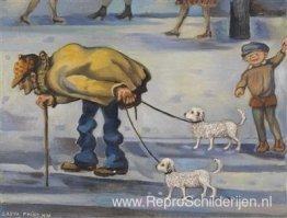 Een gewone man die met zijn honden wandelt Een gewone man die met zijn honden wandelt