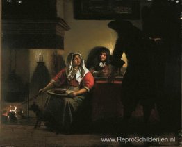 Interieur met twee heren en een vrouw bij een vuur Interieur met twee heren en een vrouw bij een vuur
