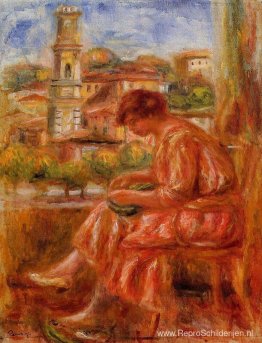 Vrouw bij het raam met uitzicht op Nice Vrouw bij het raam met uitzicht op Nice